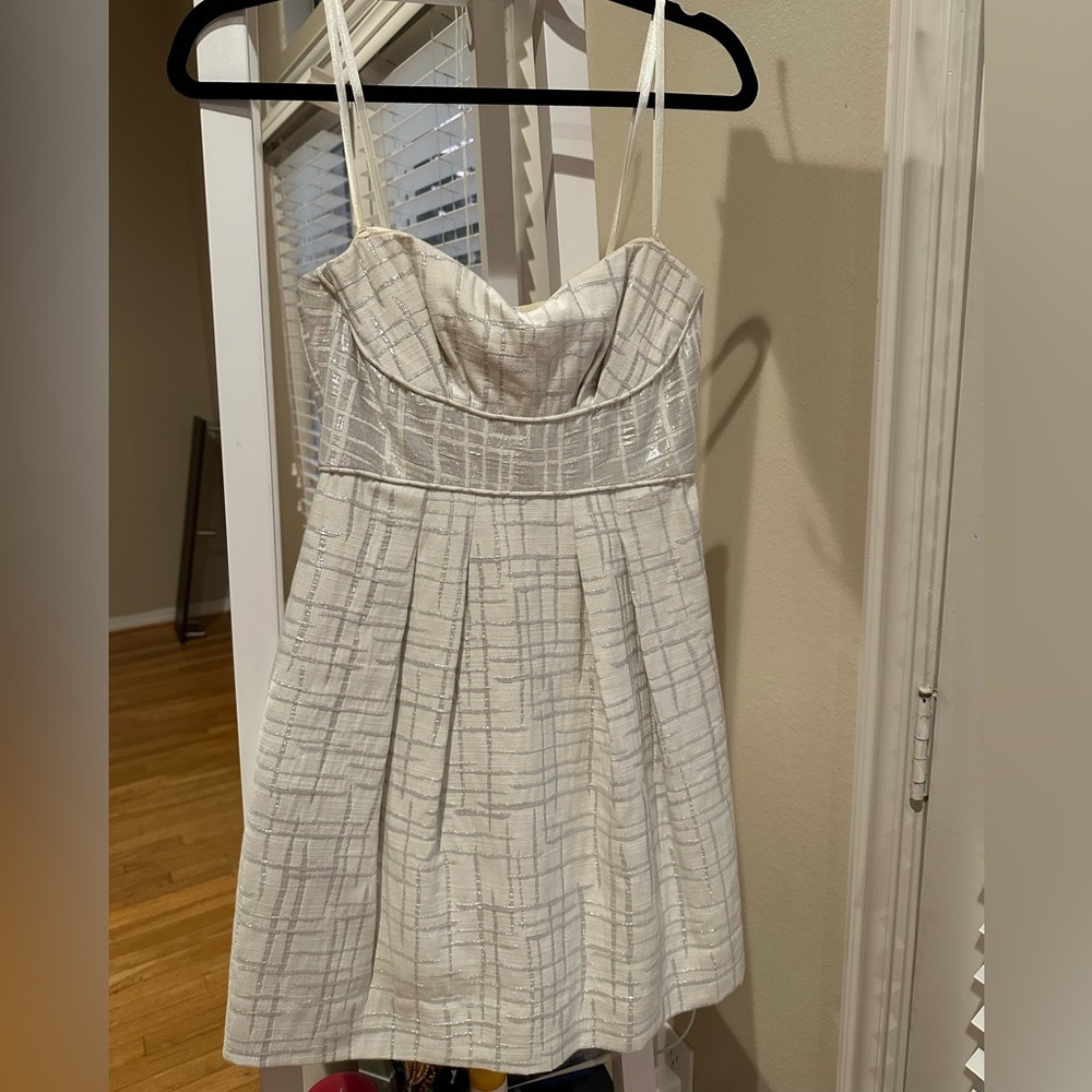 BCBGMaxAzria White and Silver Strapless Dress